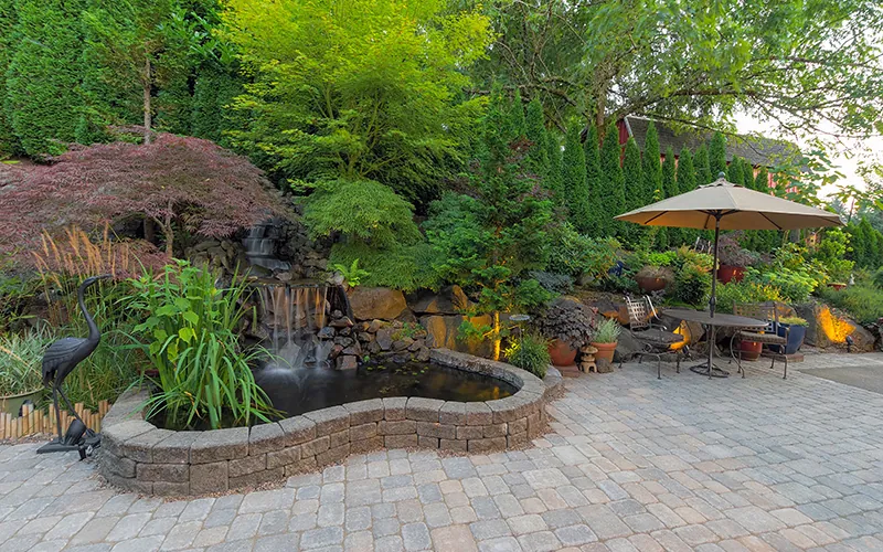 Clean paved patio in a landscaped garden